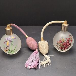 Vintage Set of 2 Clear Satin Glass Floral Atomizer Perfume Bottles.